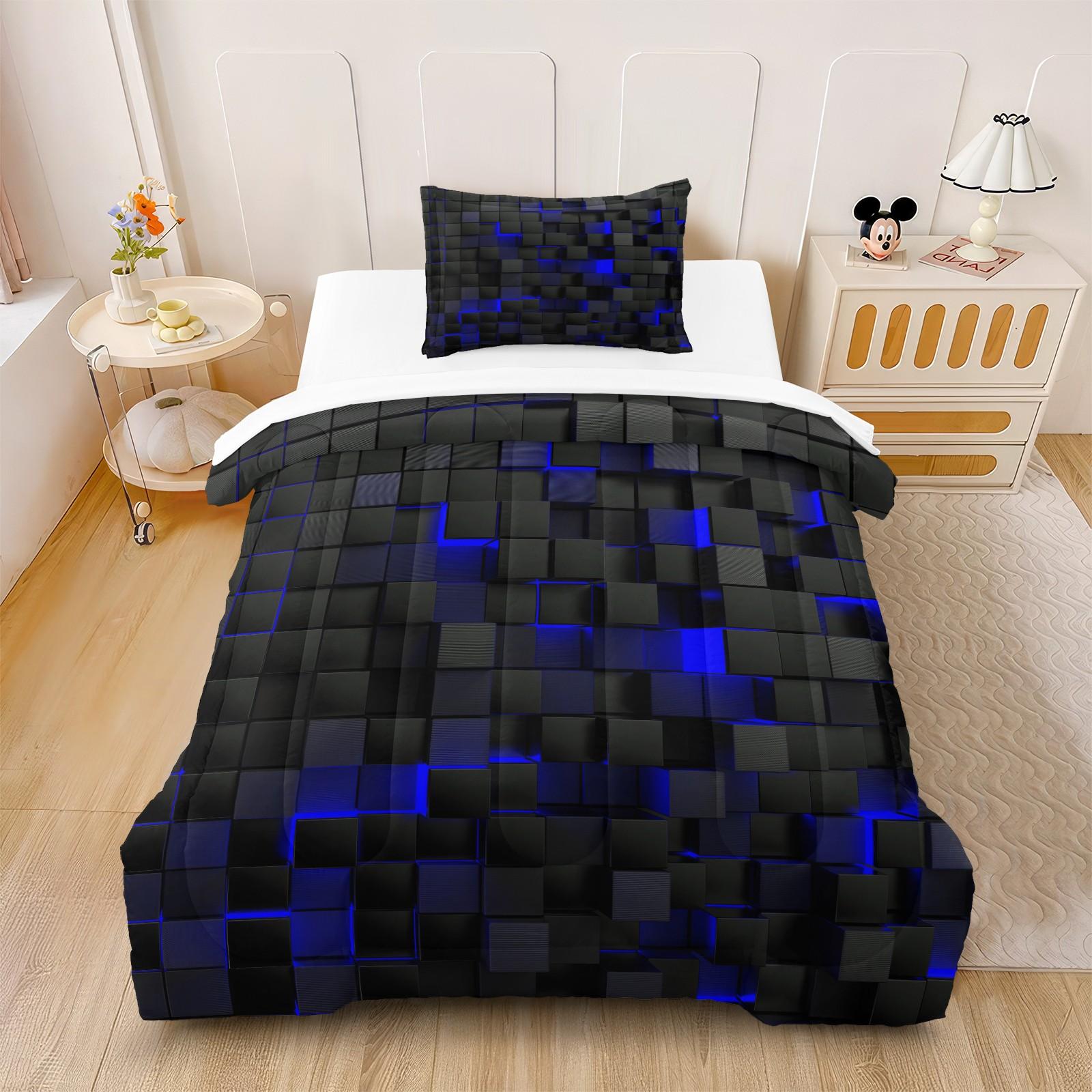 3D Blue & Black Cube Comforter Set - Durable Material Comfy Bed Sets, 1 Quilt + 1/2 Pillowcases, Modern Geometric Gaming Bedding for Teens & Gamers, Ideal for Bedrooms, Dorms & Guest Rooms