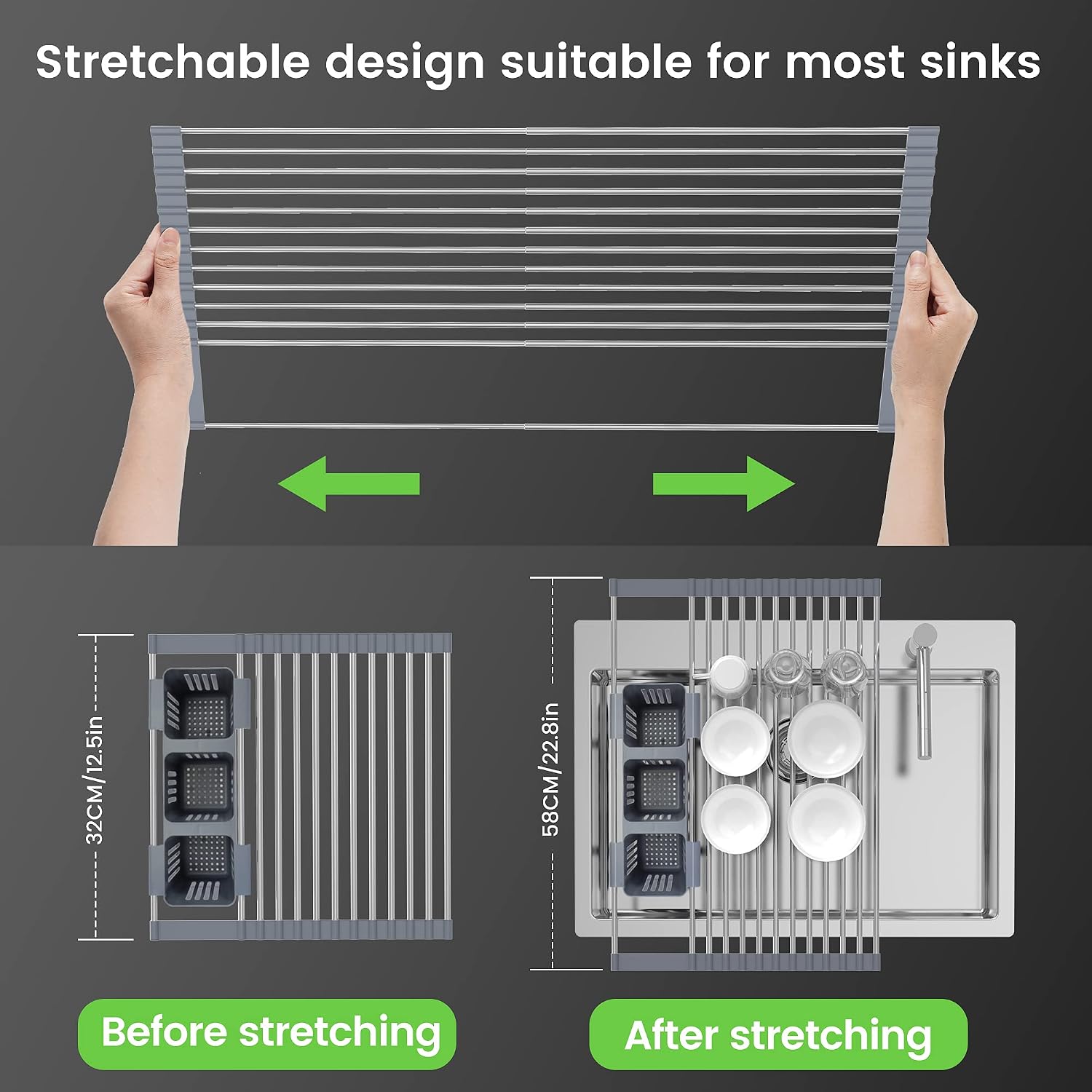 Expandable Roll Up Dish Drying Rack Up to 22.8''with 2 Storage Baskets,Over The Sink Kitchen Rolling up Dish Drainer Drying Rack, Foldable,Rollable,for Kitchen Dishes(Expandable Width Size)