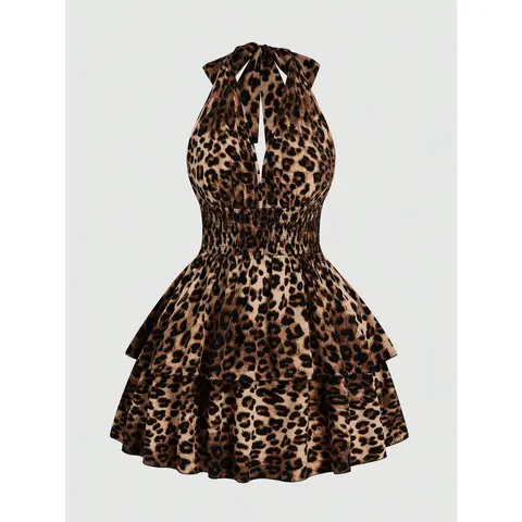 Women's Plus Size Lady's Soft Casual Leopard Cheetah Halter Sleeveless Tiered Ruffle Mini Dress - Casual Wear, Beach, Everyday, Club Night Out Occasions