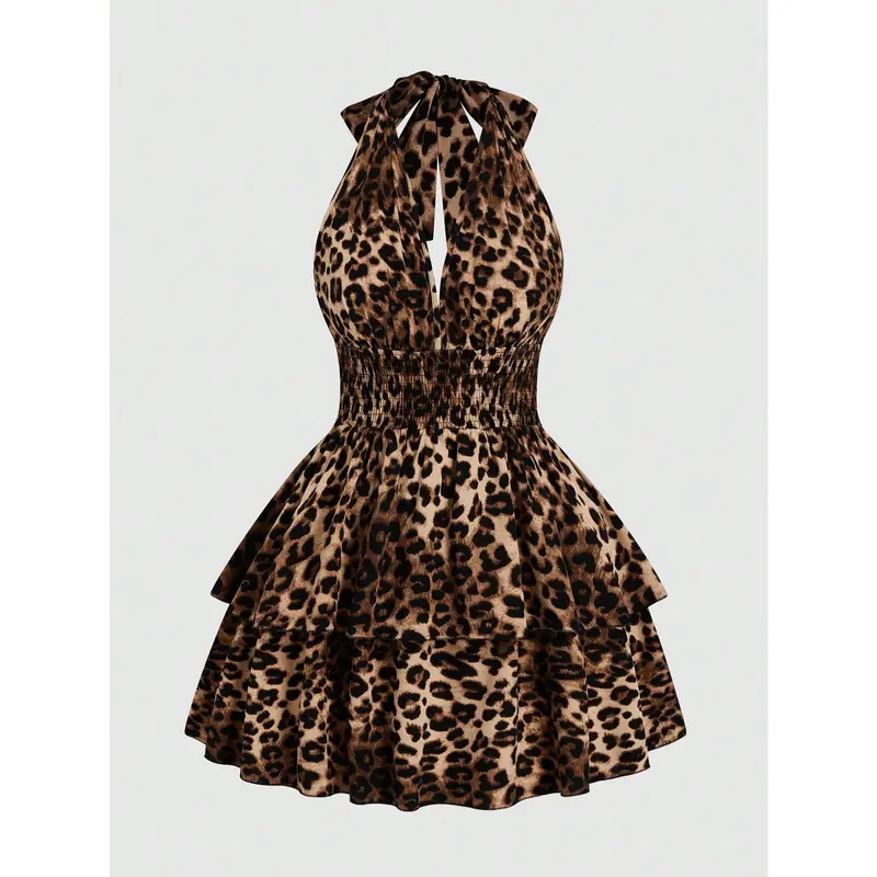Women's Plus Size Lady's Soft Casual Leopard Cheetah Halter Sleeveless Tiered Ruffle Mini Dress - Casual Wear, Beach, Everyday, Club Night Out Occasions