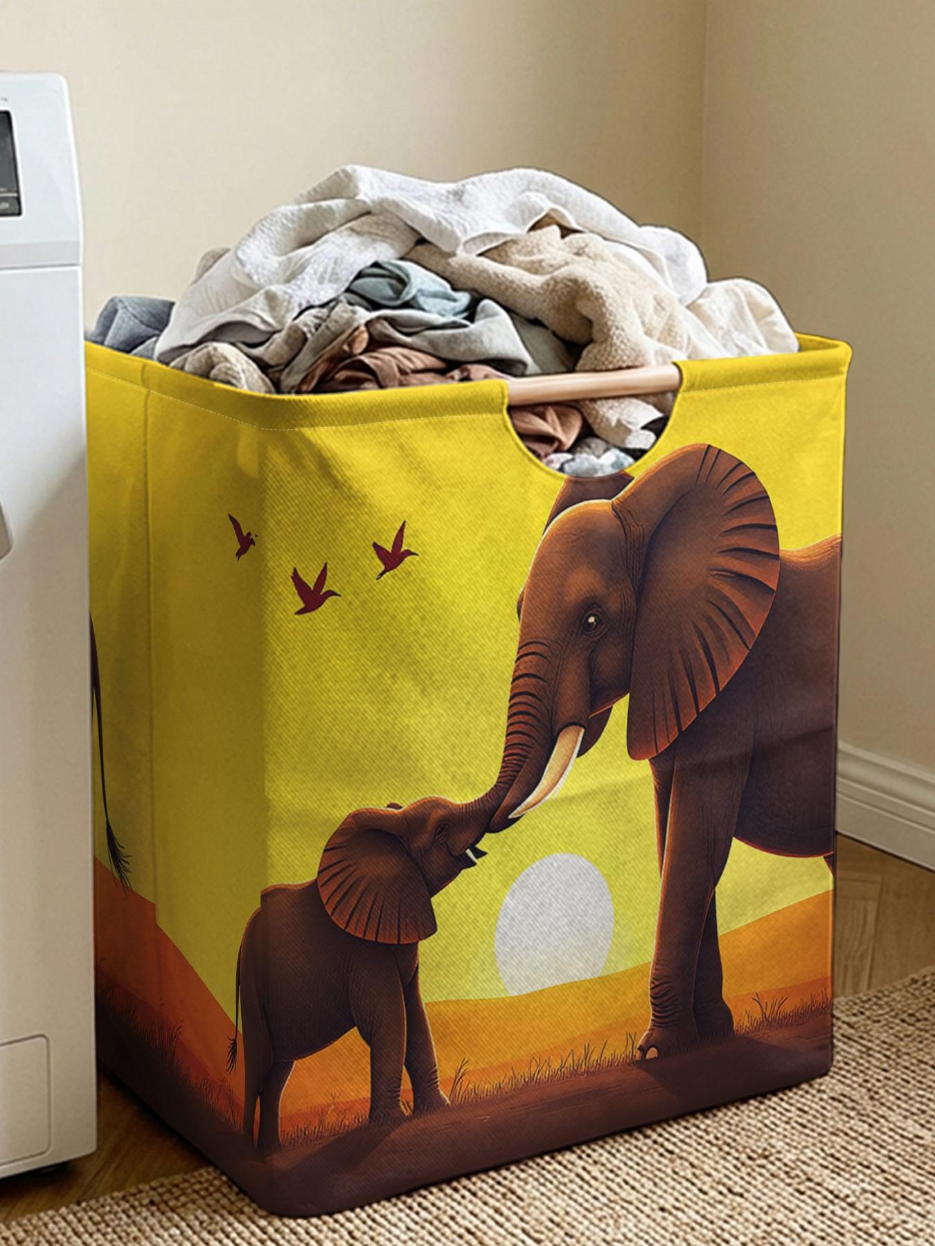 An open storage box with an elephant pattern print, a foldable storage and laundry basket, a storage bag with a handle, suitable for home use in the bathroom, and a foldable laundry basket for dirty clothes storage