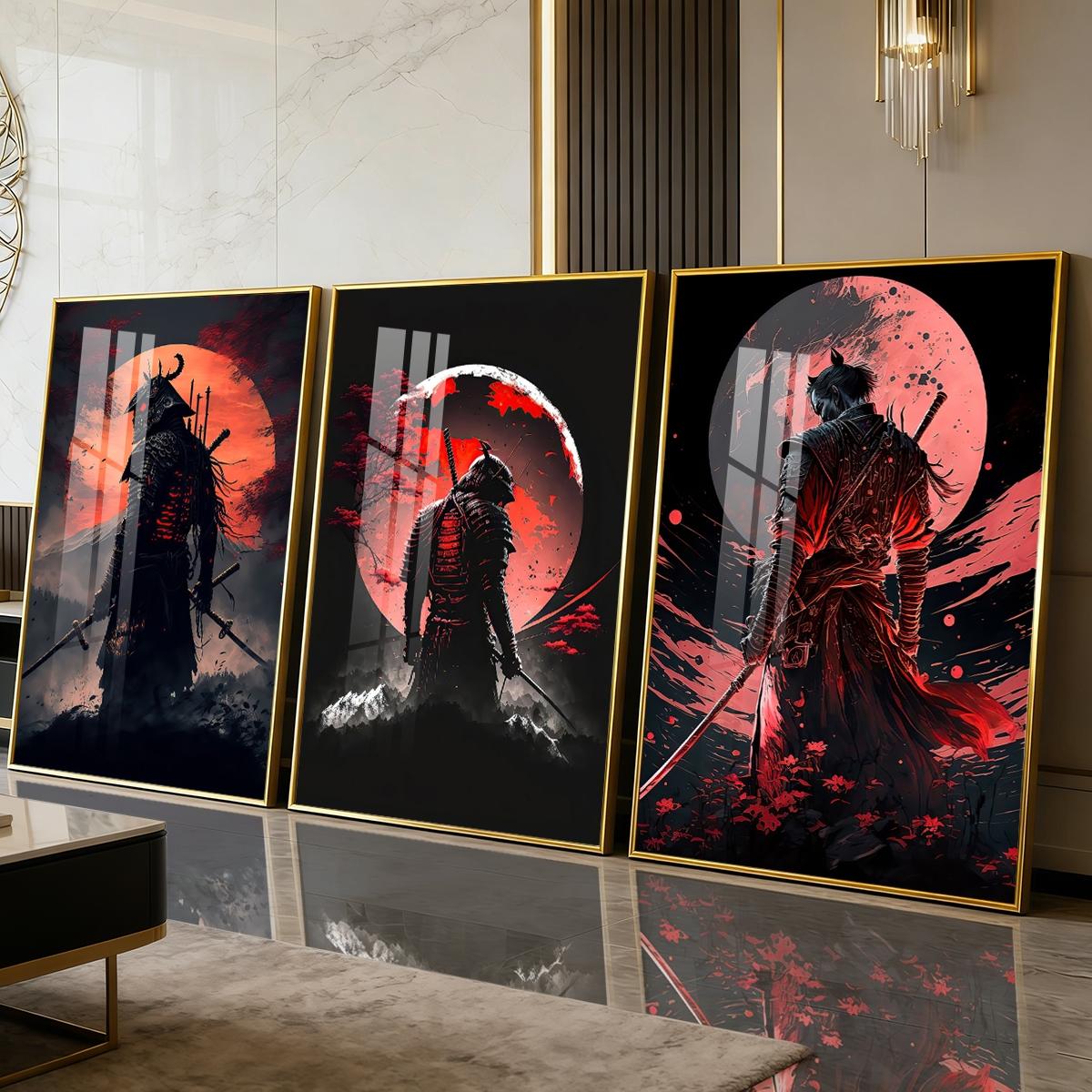 3 Counts Aluminum Alloy Framed Painting, Samurai Warriors Under Red Moon Artwork, Home Decoration For Living Room, Bedroom, Office, Restaurant, Hallway Wall Decor, Odorless Print Artwork, Luxury Perfect Gift For Friends And Family