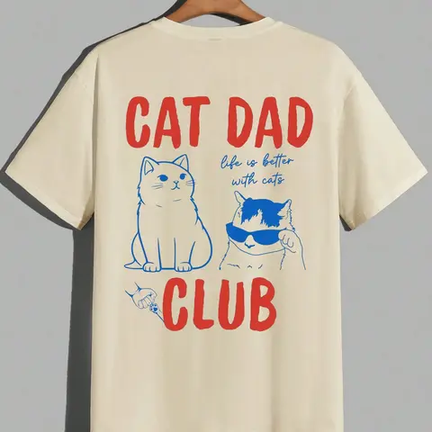 Men's Cat Dad Club T-Shirt Cool Graphic Tee Oversized Fit with Bold Text & Cool Cat Illustrations for Pet Lovers and Casual Everyday Wear, Menswear, Khaki Top