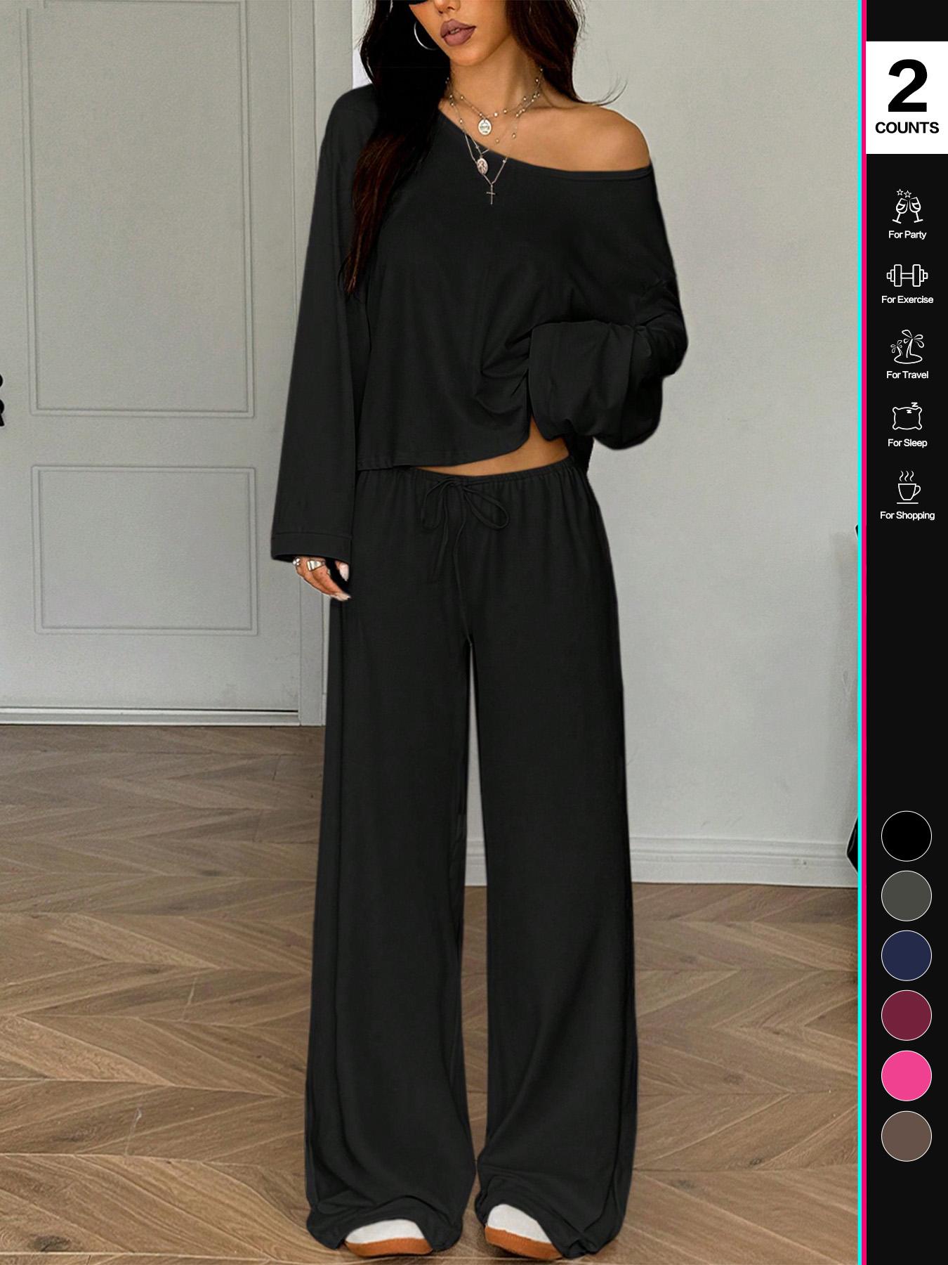 Women's 2 Piece Matching Lounge Set Off The Shoulder Long Sleeve Top and Drawstring Wide Leg Pants Casual Sweatsuit