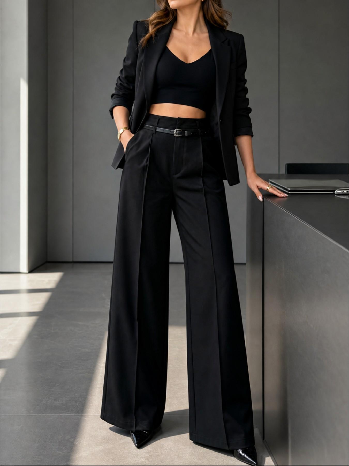 New Women's High-Waisted Wide-Leg Suit Pants, Button Pleated Design with Belt, Casual Elegant Comfortable Style for Daily Commute