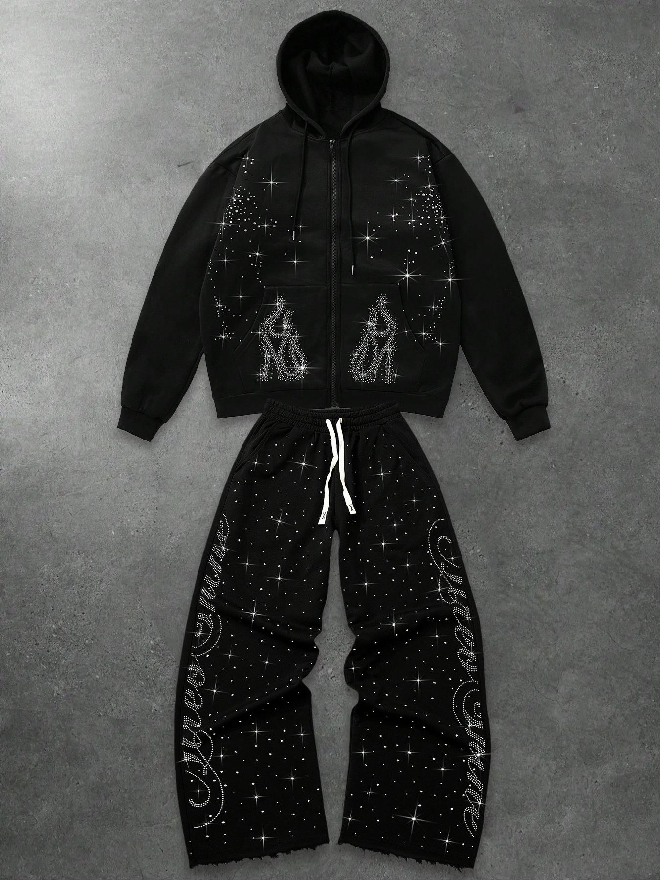 Sparkling Rhinestone Hoodie Set, Autumn Winter Zip-Up Sweatshirt