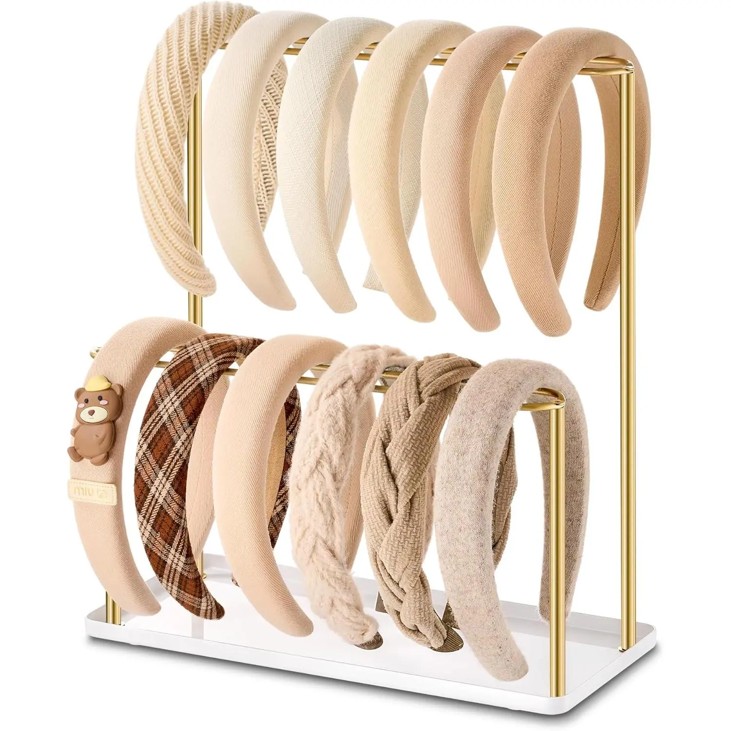 Headband Holder Organizer Metal 2-Tier with Tray: Hair Accessories Display Stand Storage, Purse Charms Key Rings Rack Necklace Stand  Bedroom for Girls Women,