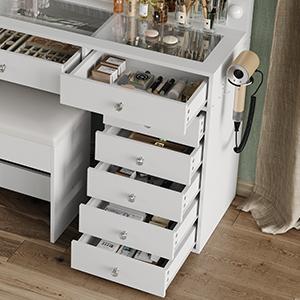 FUSOU 55"W 13 Drawers Vanity Desk, Makeup Vanity with Power Outlet, Vanity Table with Mirror and 13 LED Bulbs, 3 Color Lighting Modes, Glass Top, Dressing Table for Bedroom