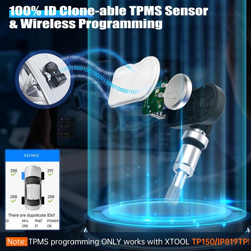 XTOOL TS100 Tire Sensor (315/433MHz), Programmable TPMS Sensor Replacement for XTOOL TP150/IP819TP Auto Parts Tire Pressure Monitoring System Car Accessories