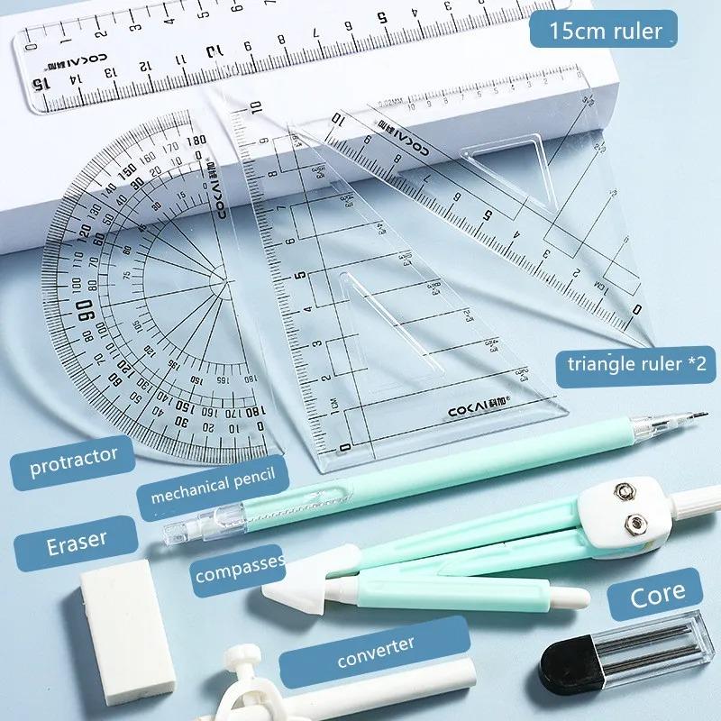 Clear Scale 9-piece Compass Ruler Set Measuring Ruler Student Math Drawing Tools Exam Kit for Elementary School Students