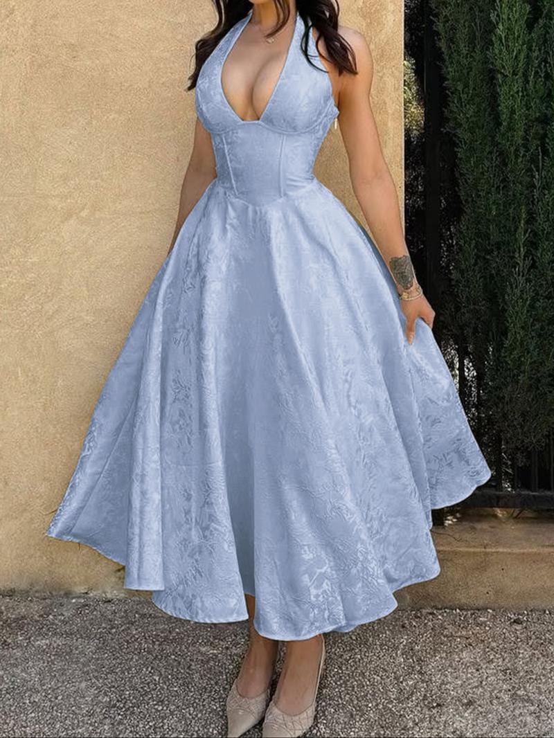 Fashion Elegant Halter Lace-Up Embroidered Waist V-Neck Sleeveless Dress, Long Plain Party Gown, Fitted Style for Women