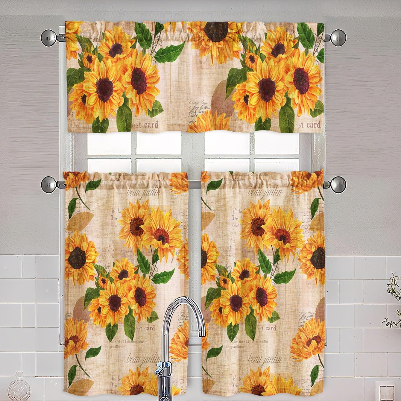 JIT 1PC/2PCS/3PCS linen printed curtains, fresh pastoral style with warm-toned sunflower patterns, semi-transparent rod-pocket type, 195G fabric texture, suitable for kitchens and bedrooms, making your home warmer and cozier, Window Curtain