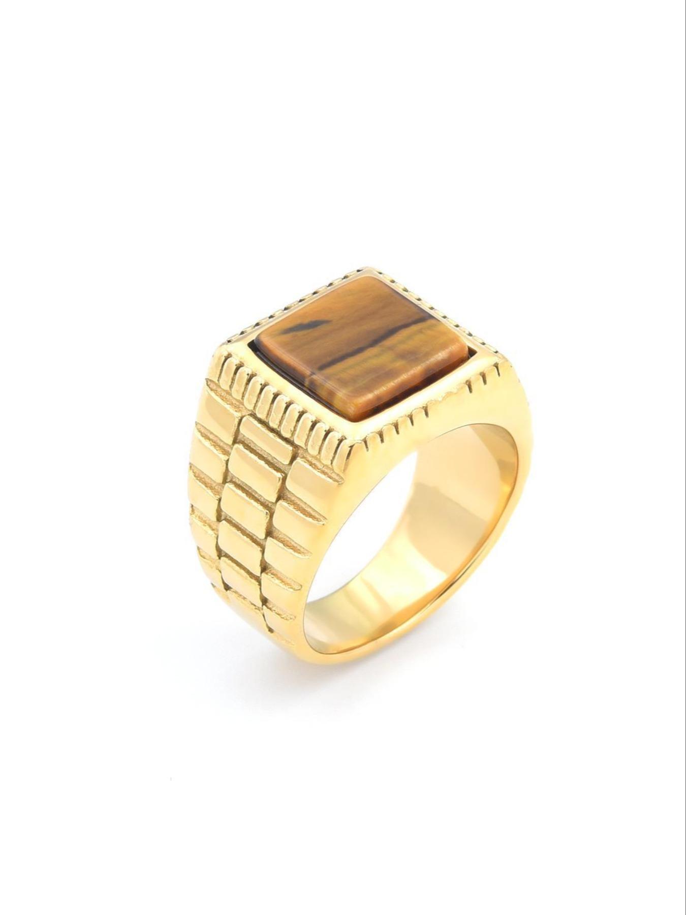 High-Quality Men's Ring, 18K Gold Plated Tarnish-Free, Square Black Gemstone Exudes Boldness