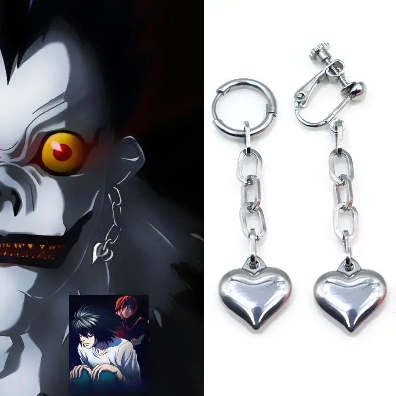 Anime Death Note Ryuk Copper Drop Earrings with Heart Pendant, Unisex 1:1 Cosplay Prop Fashion Jewelry, Copper Alloy, Prop Accessory