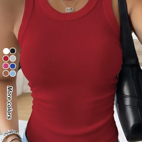 Women's Sporty Tank Top, Breathable Comfortable Sports Shirt, Indoor & Outdoor Wear, Round Neck Sleeveless Ribbed Top, Casual Style, Sleeveless Gym Top, Sportswear Tank Top