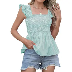 Womens Tank Tops Fashion Summer Ruffle Flying Sleeve Smocked Blouses Square Neck Sleeveless Shirts Babydoll Shirt