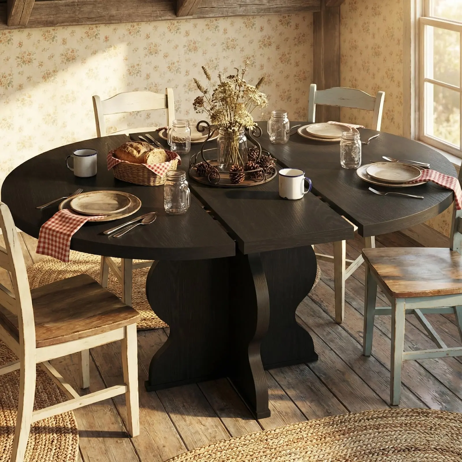 Rustic Black Farmhouse Round Dining Table - 47"-63" Extendable Oval Wooden Piece with Wavy Legs, Space-Saving Pedestal Design for 4-8 People