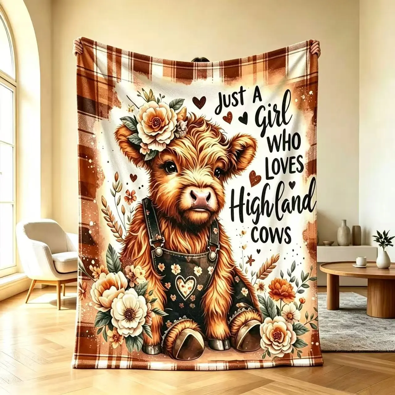 Just A Girl Who Loves Highland Cows Throw Blanket, Fall Plaid Floral Highland Cow Flannel Blanket, Rustic Farmhouse Animal Decor Blanket, Gift for Cow Loving Girls  It is an excellent gift for children, family and friends