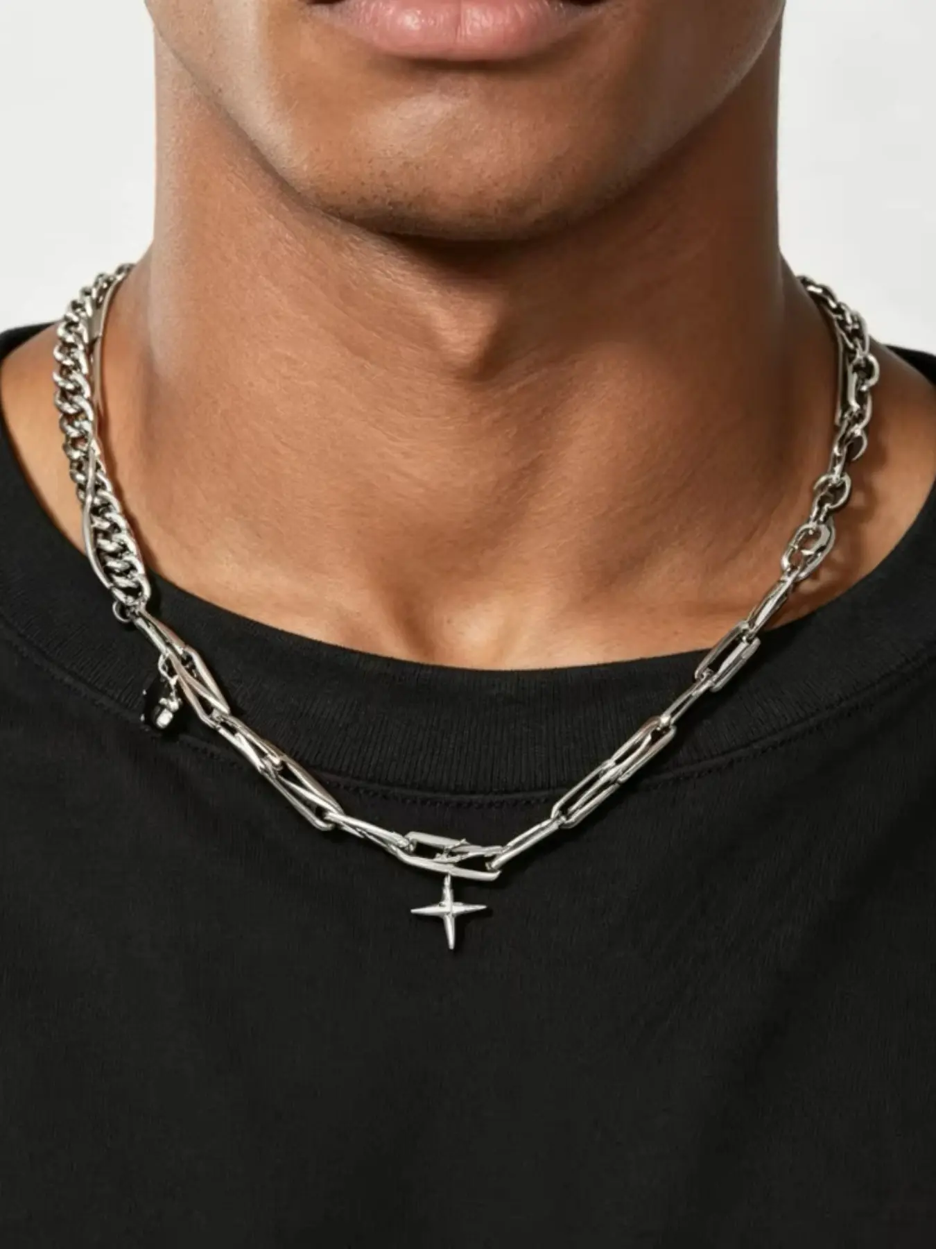 Hip-Hop Silver Color Stainless Steel Chain Necklace, Vintage Men's Hexagram Pendant, Fashion Jewelry, Casual Accessory
