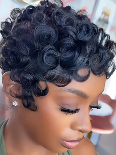 Human Hair Pixie Cut Wig, Short Curly Wavy Wig with Bangs, Natural, Rose Net Cap, Elegant Style for Women, Daily Use, Pixie Wigs