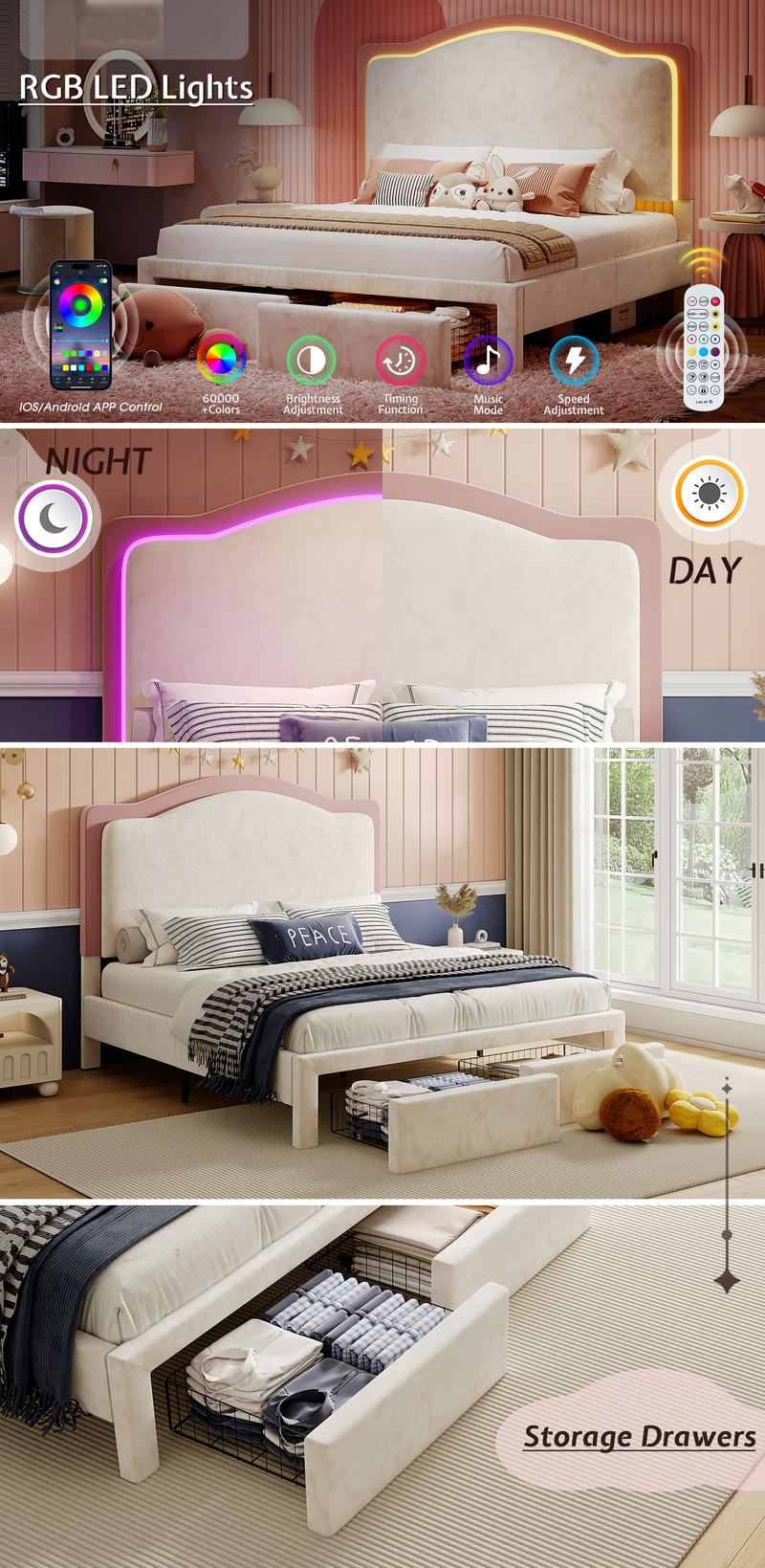 VanAcc LED Bed Frame with 2 Storage Drawers, Upholstered Platform Bed with Adjustable Headboard, No Box Spring Needed, Easy Assembly VanAcc LED Bed Frame with 2 Storage Drawers, Upholstered Platform Bed with Adjustable Headboard, No Box Spring Needed, Easy Assembly