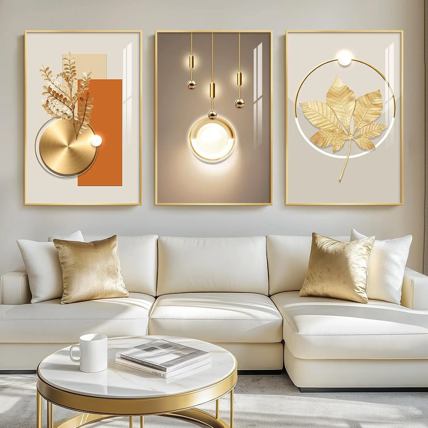 Artistic Modern Luxury Gold Wood-Framed Wall Art Print Set - 3-Piece, 24x36 in, Solid Pattern, Crystal Coating, Big Geometric Alphabet Theme Decoration for Living Room, Bedroom