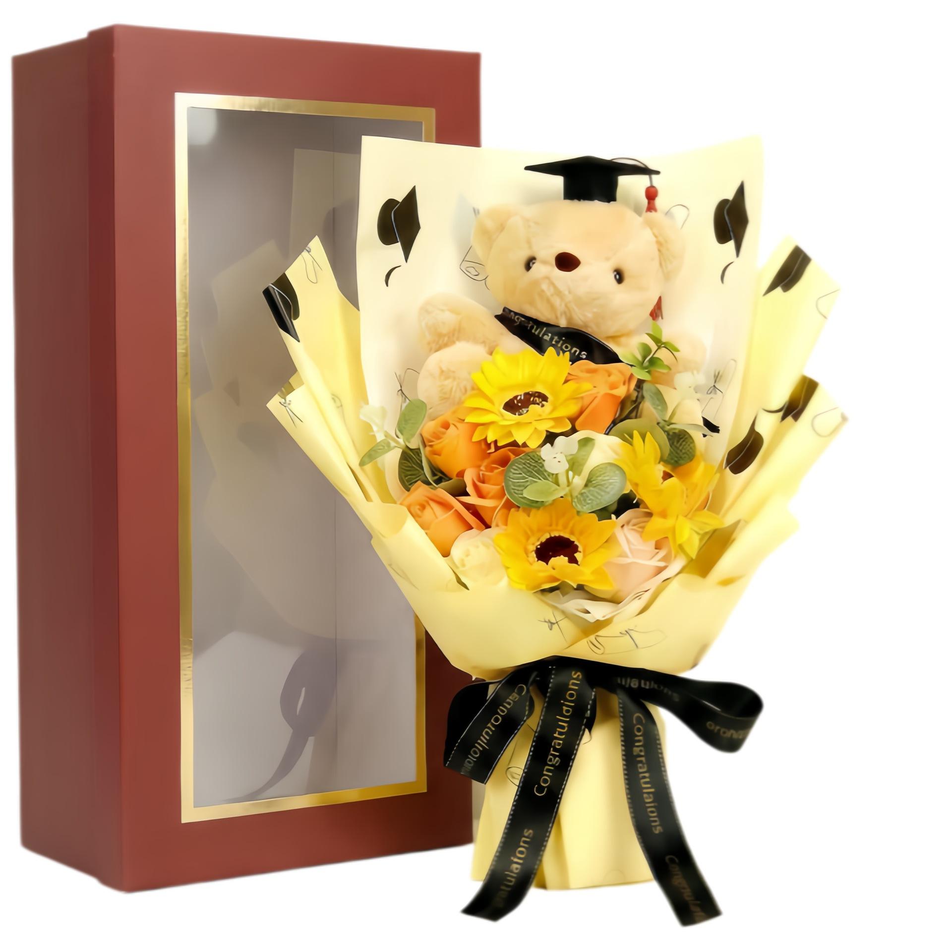Graduation Teddy Bear Bouquet with Sunflower Soap Flowers, PhD Bear Plush Stuffed Animal in Window Gift Box, Artificial Floral Arrangement, Class of 2026 Gift for Friend