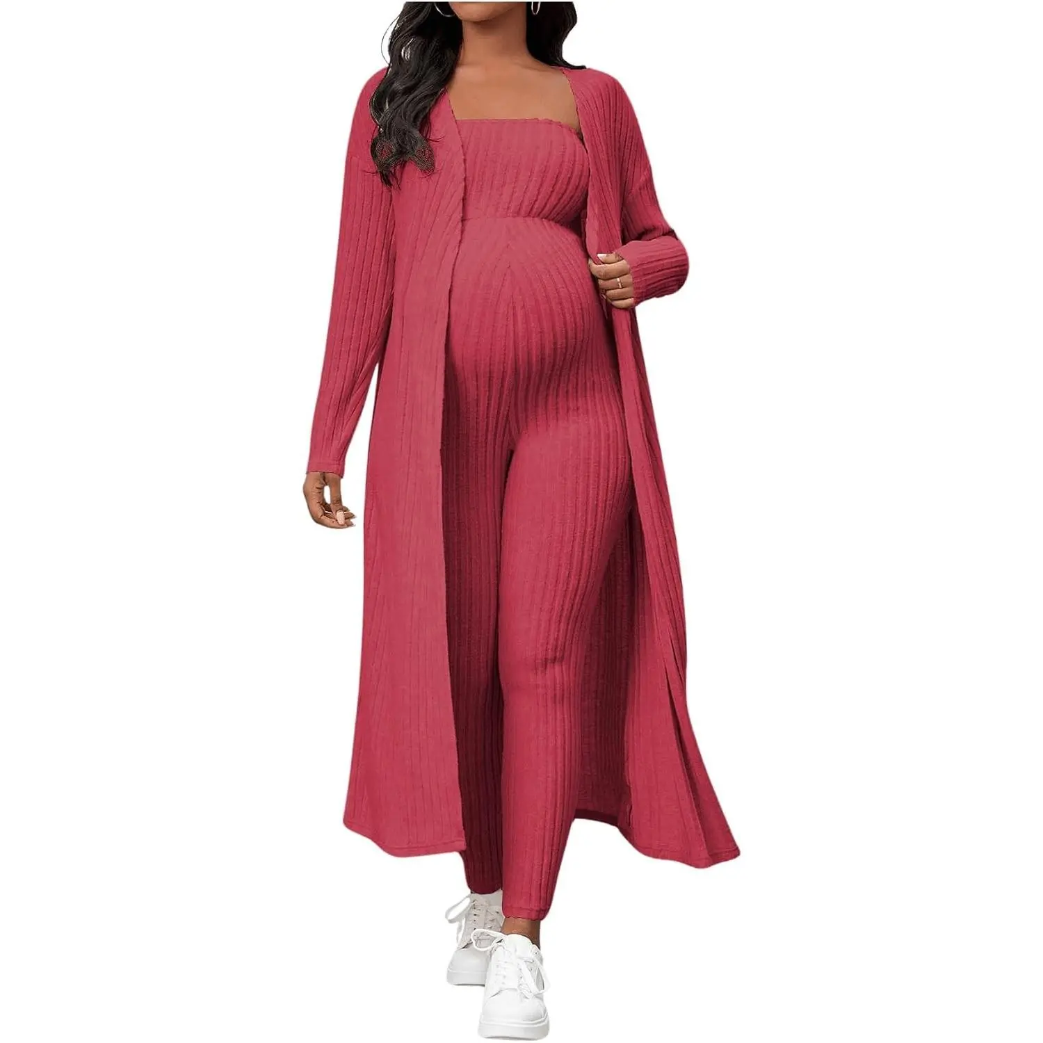Women's Maternity Ribbed 2 Piece Outfit Strapless Skinny Leg Jumpsuit and Long Sleeve Cardigan Set