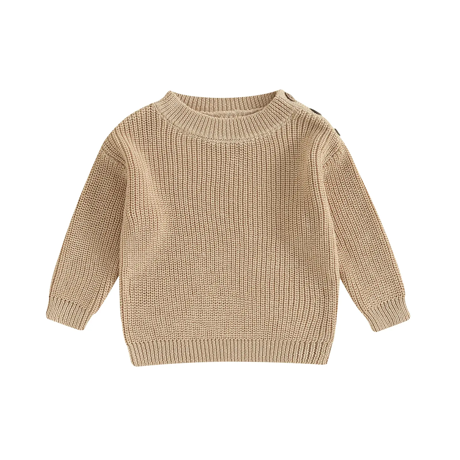 Toddler Baby Oversized Knit Sweater Beige Chunky Cable Knit Shoulder Button Pullover Jumper for Boy Girl