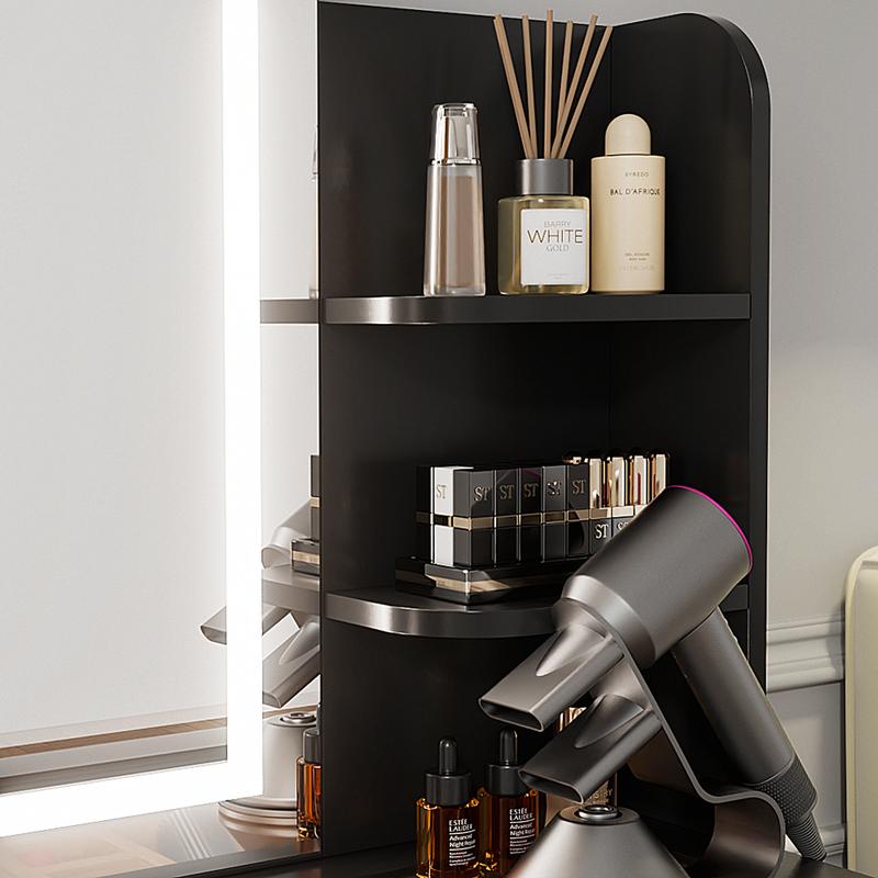 VOWNER Modern Makeup Vanity Desk with Glass tabletop,Lighted Mirror, 6 Storage Shelves, 2 Large Drawers and Cushioned Stool VOWNER Modern Makeup Vanity Desk with Glass tabletop,Lighted Mirror, 6 Storage Shelves, 2 Large Drawers and Cushioned Stool