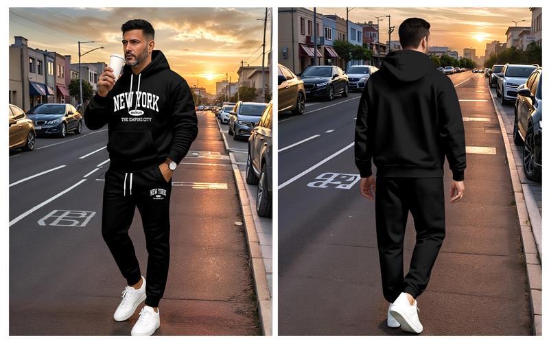 Men's New York Printed Hoodie and Drawstring Sweatpants Set, Menswear, Casual Athletic Long Sleeve Hooded Jacket & Trousers for Fall & Winter, Men's Clothing for Daily Wear, Sportswear Indoor Outdoor, Tracksuit, Athleisure Summer Clothes
