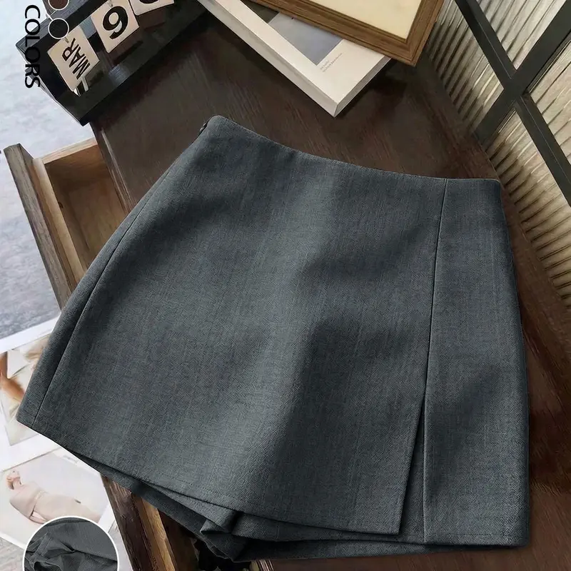 Women's High-Waisted A-Line Skort, Casual Solid Color Slit Hem Mini Skirt with Built-In Shorts and Zipper Closure, Elegant Bottom for Dates, Office and Daily Wear