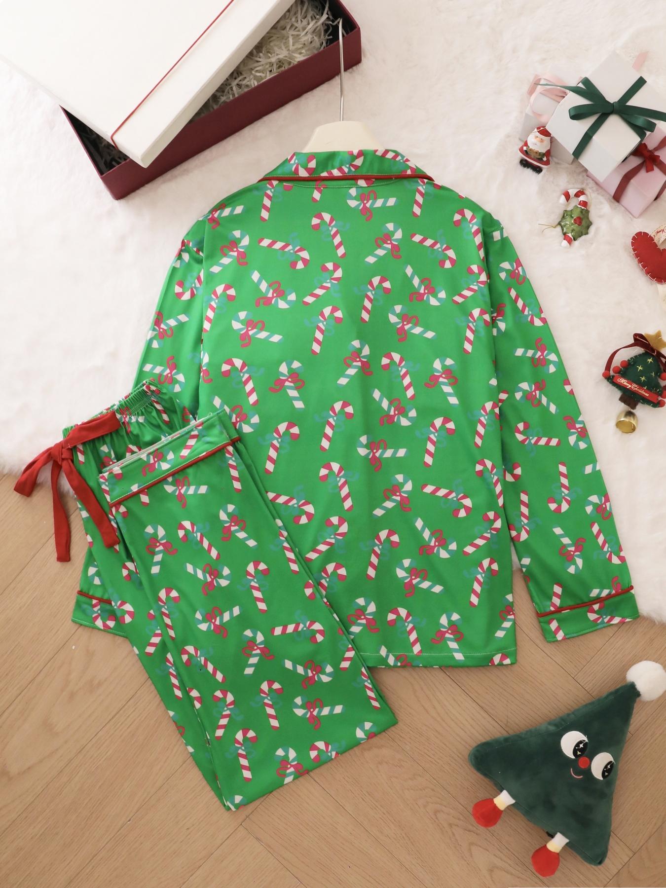 2-piece Pajama Set Butterfly Knot Candy Cane Halloween Soft and Comfortable Top Small Pocket Butterfly Knot Tightening with Elastic Pants Belt Suitable for Four Seasons Home Regular Wear Holiday Pajama Clothing