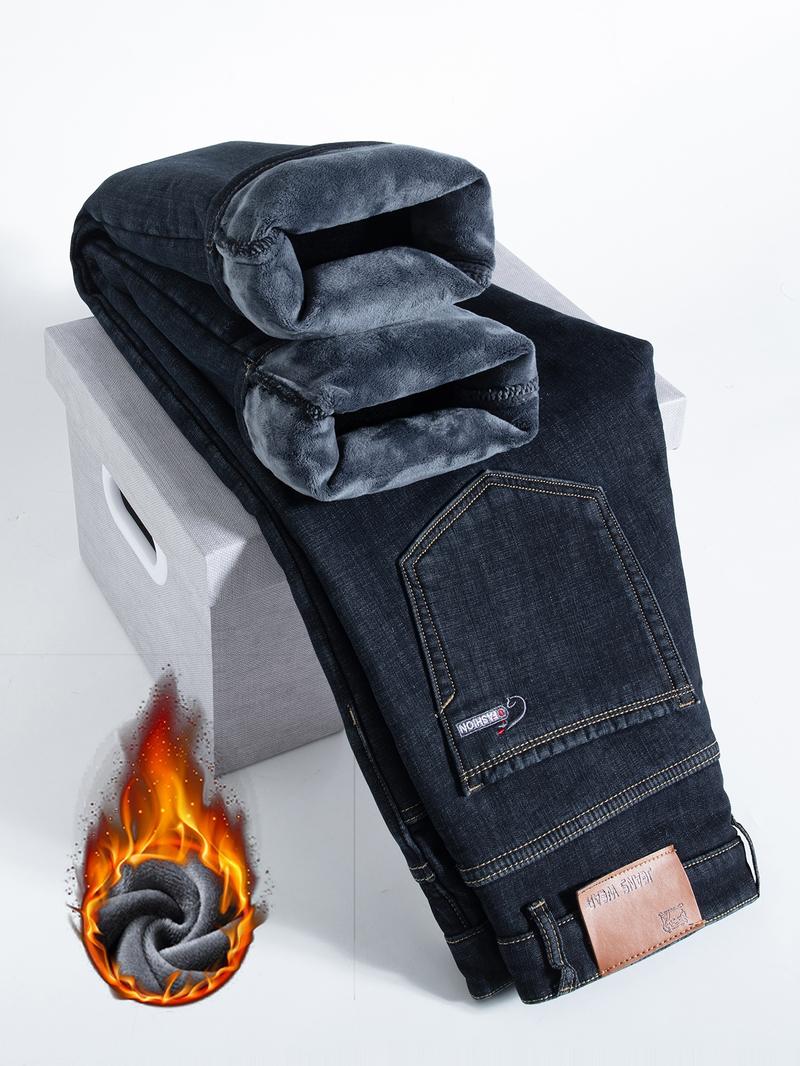 Men's Thickened Winter Fleece Plain Button High Waisted Jeans, Loose Straight Leg High Waist Casual Elastic Pants, Warm Long Denim Trousers for Fall & Winter