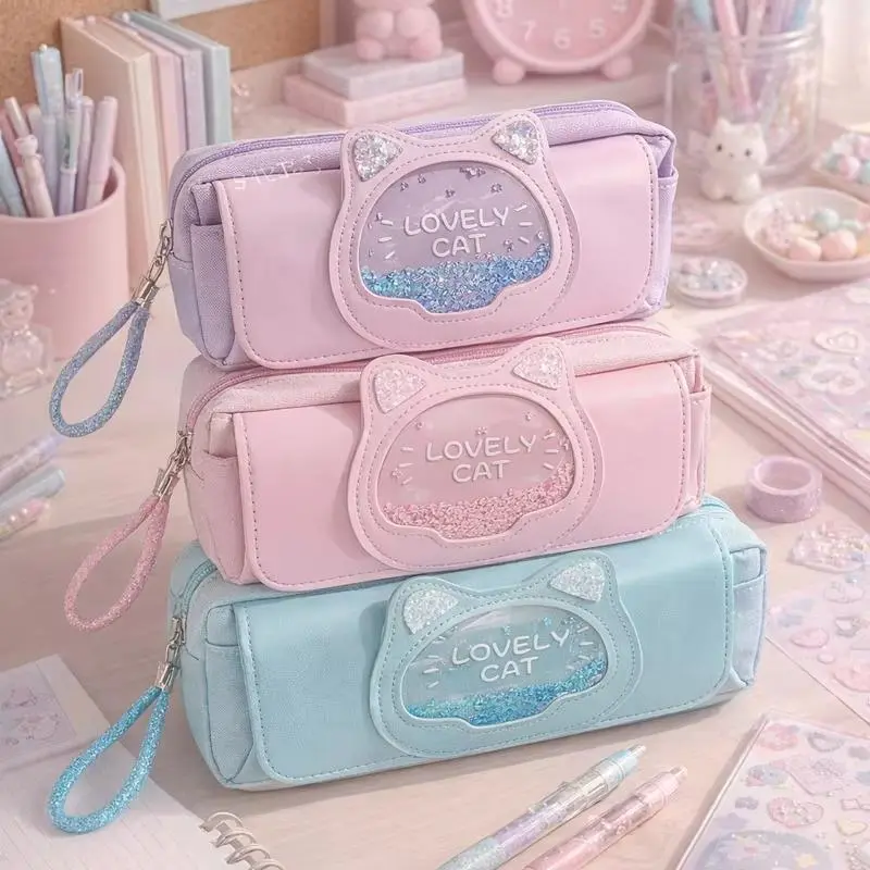 Cute Cat Head Quicksand Pencil Case Exquisite Large Capacity Three-Layer Classification Storage Bag with Handle Purple Pink Blue