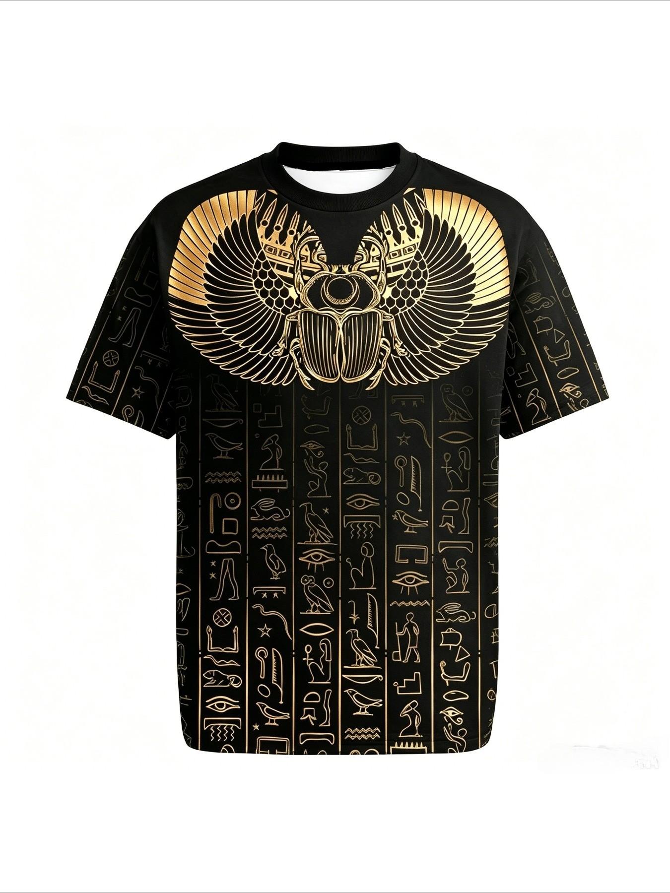 Ancient Egyptian Scarab Gold Round Neck Short Sleeve T-Shirt, Hieroglyph Full Print, Casual Loose Fit, Breathable Quick-Dry