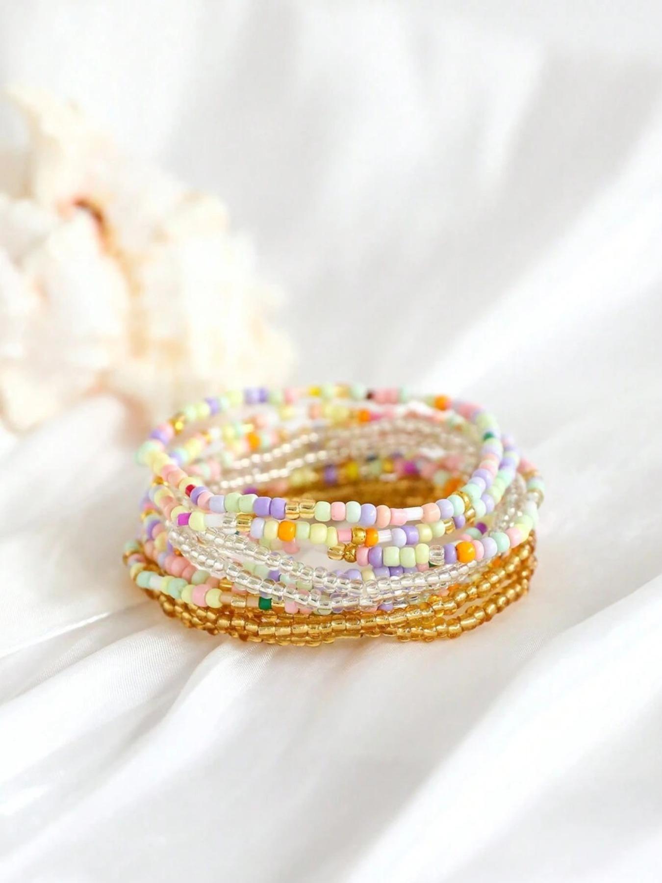 Boho Style Colorful Crystal Glass Beaded Elastic Bracelets Set, Dainty Crystal Bracelet, Fashion Simple Women Party Vacation Layered Stackable Bracelet