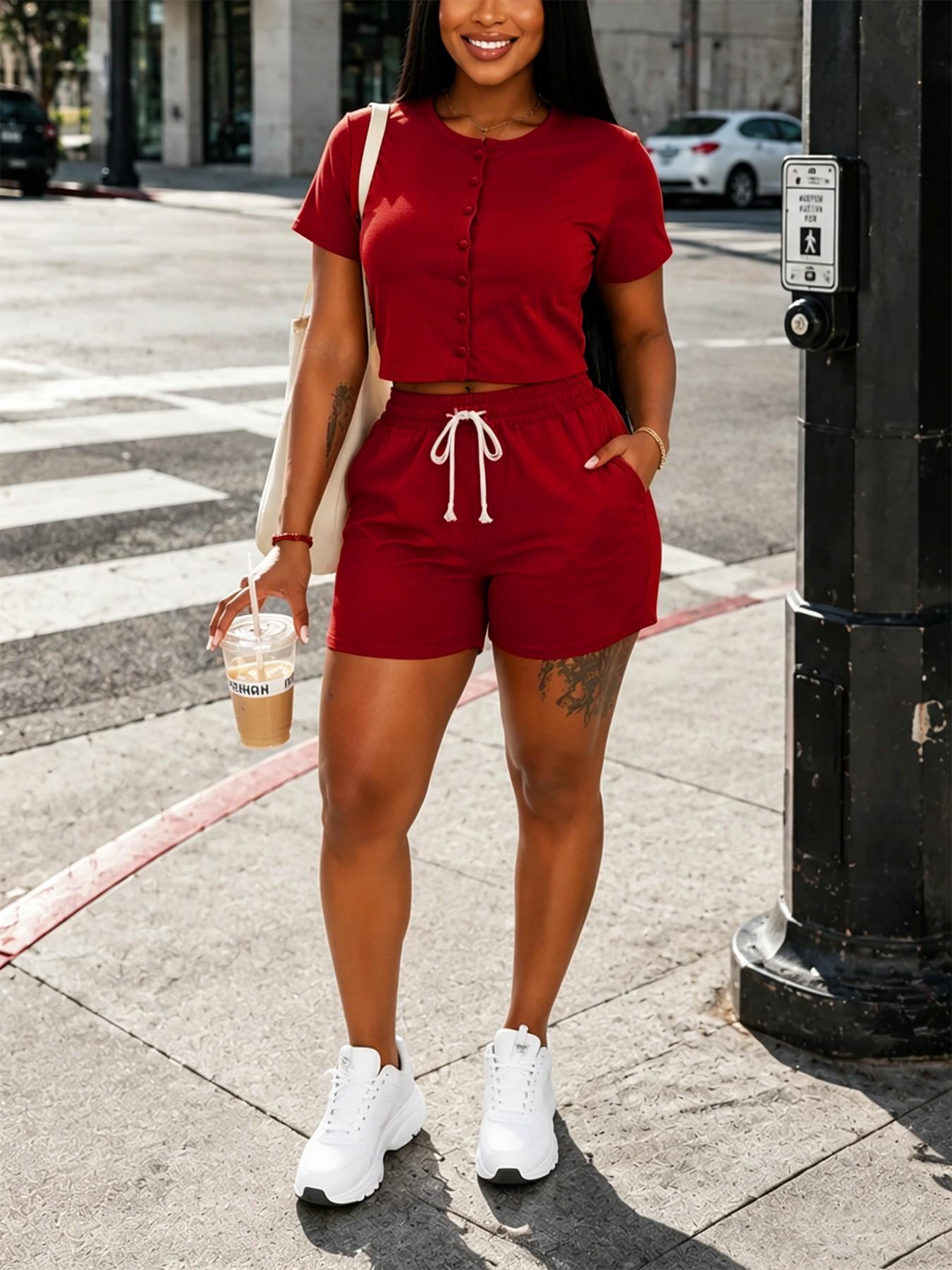 Women's Summer Casual 2-Piece Set Clothes, Short Sleeve Button-Up Top, High-Waisted Drawstring Shorts, Comfortable Slim Fit, Daily Wear, Matching Shorts Set