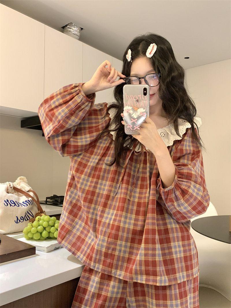 Women's 2025 Autumn New Cotton Lace Plaid 2-Piece Longsleeves Crew Neck Pajama Set - Lady's Cotton Waist Pants, Lounge Pjs Set, Home Sleepwear Loungewear