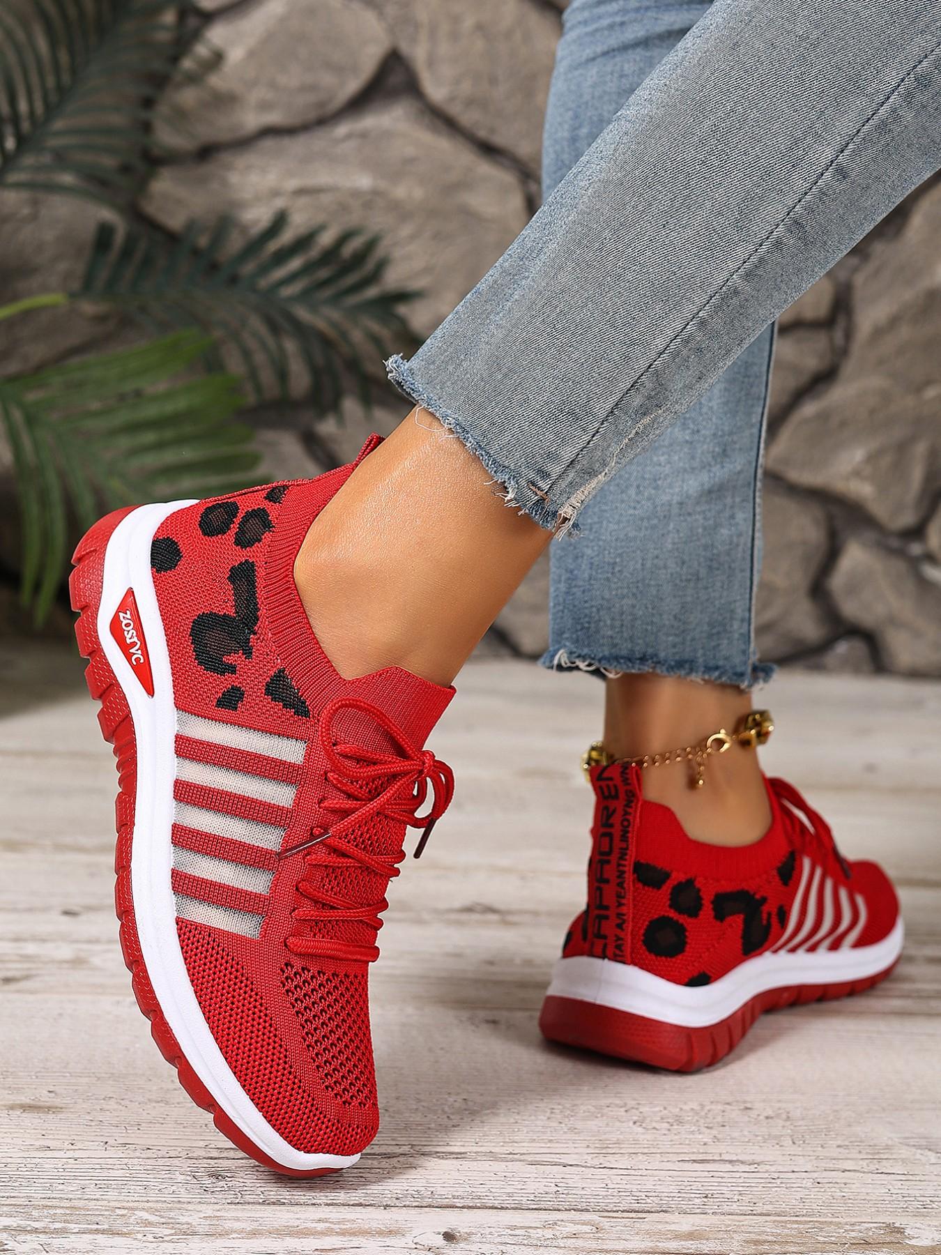 Women's Leopard Print Lightweight Lace-Up Sports Shoes, Breathable Shock Absorption Non-Slip Rubber Sole, Casual All-Season Low Top Sneakers