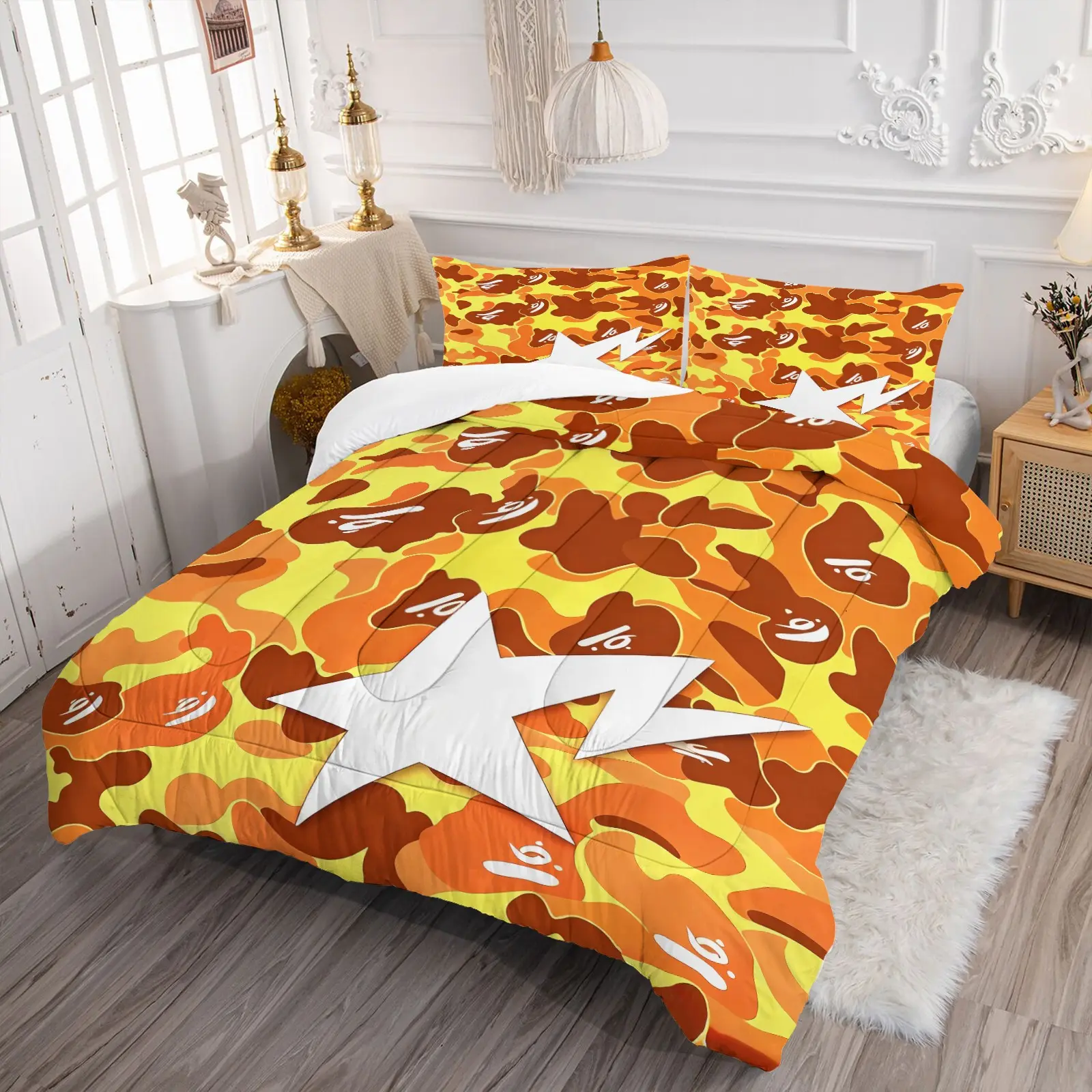 Streetwear Orange Camo Ape Head Print Comforter Set, Includes 1 Quilt and 1‑2 Pillowcases, Trendy Camouflage Graphic Pattern Print, Gift for Kids, Teens and Adults, Street Fashion Gift for Hip‑hop Fans, Essential for Teen Boys Bedroom Decor