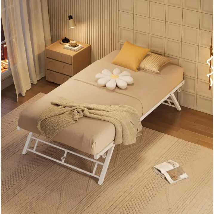 Twin Size Pop-Up Metal Trundle Bed Frame – Collapsible, Lockable Casters, Steel Slat Support, Space-Saving for Guest Room or Daybed – White
