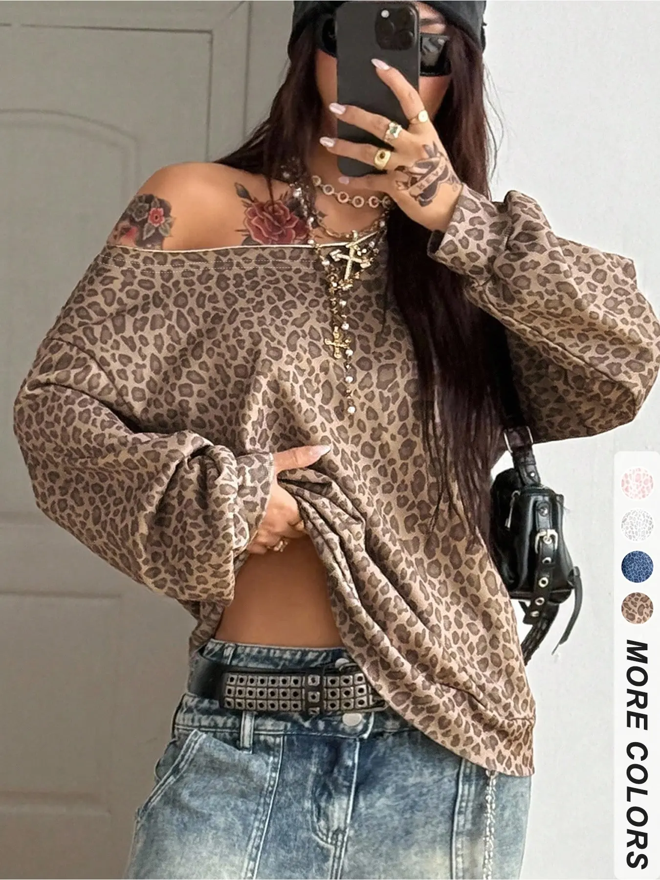 Women's Leopard Print Off-Shoulder Long Sleeve Sweatshirt, Y2K Style Loose Asymmetrical Neck Top, Nightclub Streetwear Daily Wear