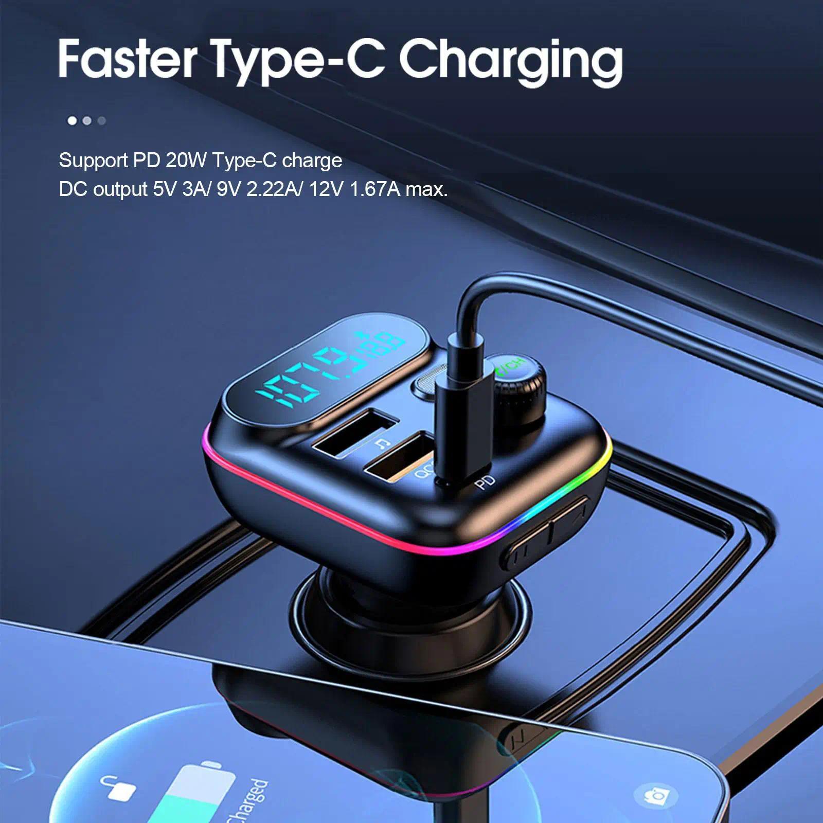 Bluetooth Car Adapter, In-Car FM Transmitter with Bluetooth 5.0, 18W PD Fast Charging, QC3.0, USB + PD Ports, Type-C, Colorful Ambient Light, Dual Music Player, Bluetooth Calling, Cigarette Lighter Accessory with Easy Setup