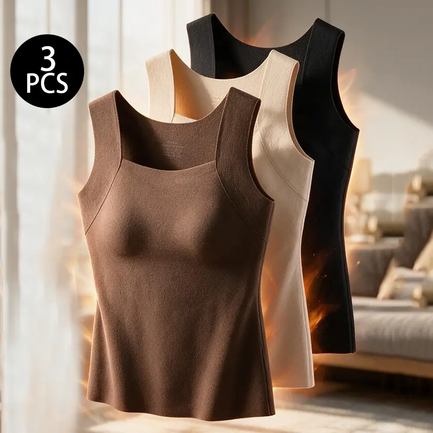 Women Square Neck Self-Heating Warm Tank Tops 3Pcs Set, Fixed Chest Pad Seamless Thermal Layering Top sophisticated bratops