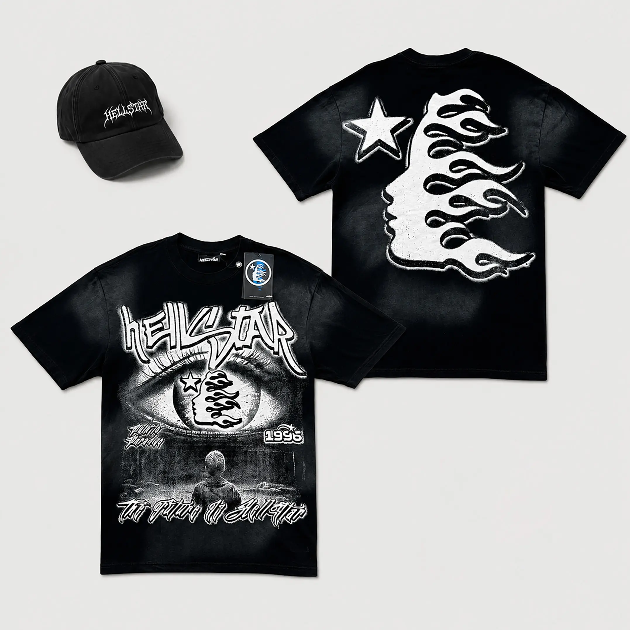 Hellstar Oversized Graphic T Shirt for Men Vintage Distressed Double Sided Print Short Sleeve Gothic Streetwear Y2K Grunge Fall Outfit