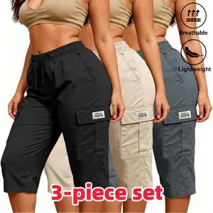 Casual Fashion Women's Cargo Capri Pants Elastic Drawstring Flap Pocket Design Solid Color Loose Fit Daily Street Casual Wear 3PC Women's Clothing sweatpants