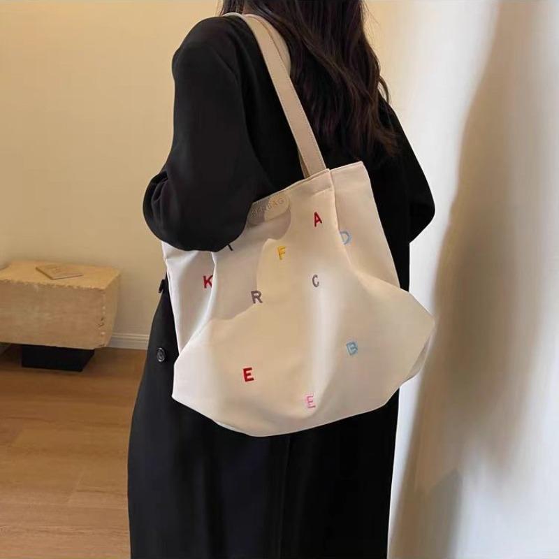 Women's Large Capacity Canvas Tote Bag, Trendy Embroidered Letter Shoulder Bag, Fresh Style Handbag for Students