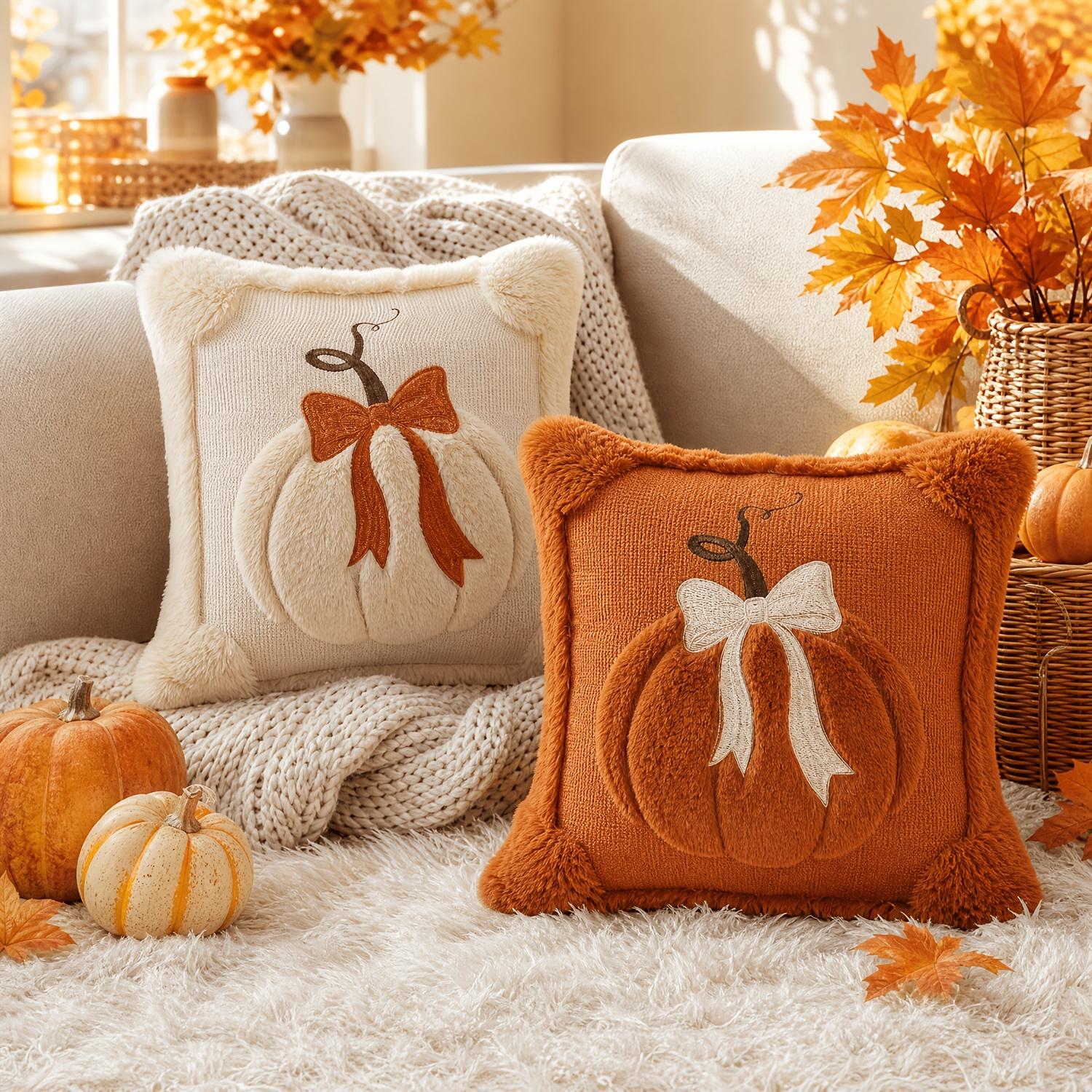 2-Pack 3D Jacquard Cloth Pumpkin Pillow Covers (18in x 18in) - Bow Accent Replacement Cushion Shells for Couch, Living Room Decorations, Fall Farmhouse Indoor Recreation Accents, Replacement Cushion Cover