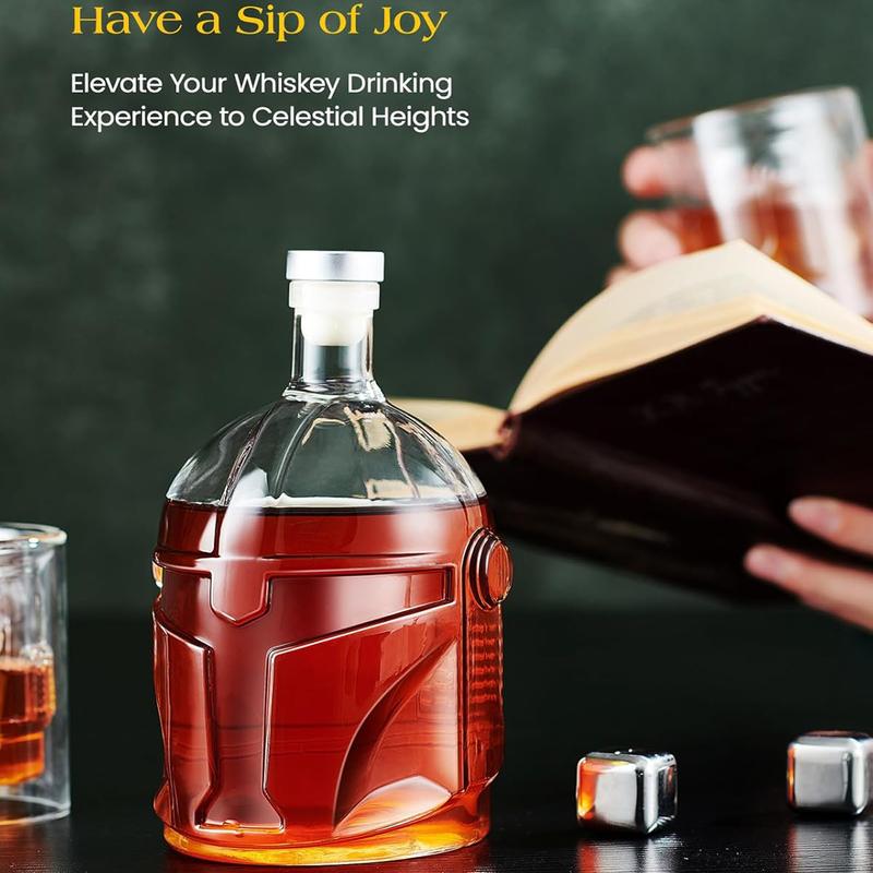 Helmet Whiskey Decanter Set, 34oz Lead-Free Glass Liquor Bottle With 2 Glasses & 4 Whiskey Stones, Unique Bourbon Decanter Gift For Dad, Men, Home Bar, Perfect For Spirits, Birthday Halloween Christmas Gifts